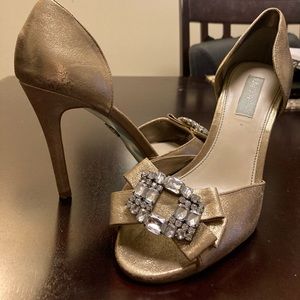 Betsey Johnson Metallic Open-Toe Jeweled Heels Wedding Event Taupe Beige 8.5